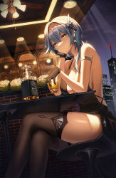 Rule 34 | 1girl, alcohol, aqua hair, armlet, asymmetrical bangs, bare shoulders, black gloves, black hairband, black thighhighs, blue hair, bottle, breasts, butterfly hair ornament, cleavage, closed mouth, crossed legs, cup, drink, drinking glass, earrings, eula (genshin impact), fall (aki), frown, genshin impact, gloves, hair ornament, hairband, hand on own face, heart, heart earrings, highres, holding, holding cup, jewelry, large breasts, looking at viewer, night, short hair, sitting, solo, thighhighs, thighs, window