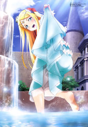 Rule 34 | 1girl, absurdres, bare legs, barefoot, blonde hair, blue dress, blue sky, blush, castle, clothes lift, cloud, day, dress, dress lift, feet, flower, flower ornament, fountain, from below, from side, highres, long hair, looking at viewer, megami magazine, morishita yuuki, official art, open mouth, outdoors, overlord (maruyama), renner theiere chardelon ryle vaiself, sky, smile, solo, standing, standing on one leg, wading, white flower