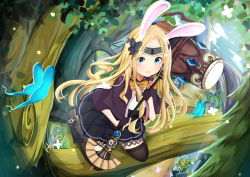 Rule 34 | 1girl, abigail williams (fate), absurdres, animal ears, black bow, black dress, black footwear, black gloves, black thighhighs, blonde hair, blue eyes, boots, bow, bug, butterfly, butterfly hair ornament, commentary, dress, fate/grand order, fate (series), fingerless gloves, gloves, hair ornament, hammer, highres, holding, holding hammer, insect, kaya (tyhk7874), long hair, looking at viewer, orange bow, outdoors, parted bangs, rabbit ears, rabbit girl, rabbit tail, solo, tail, thighhighs, tree
