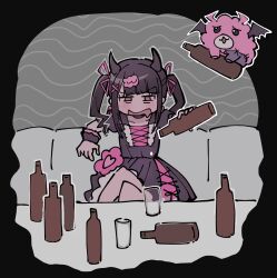 Rule 34 | 1girl, black hair, blush, bottle, couch, creature, cup, demon horns, denonbu, dress, drinking glass, drooling, hair ornament, hair ribbon, highres, holding, holding bottle, horns, long hair, looking ahead, mouth drool, on couch, open mouth, pink ribbon, pomemori, puffy short sleeves, puffy sleeves, purple dress, reml, ribbon, short sleeves, sitting, twintails, wrist cuffs, x hair ornament, yawataya