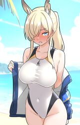 Rule 34 | 1girl, animal ear fluff, animal ears, beach, blonde hair, blue archive, blue eyes, blue jacket, blush, breasts, clenched teeth, collarbone, competition swimsuit, covered navel, cowboy shot, day, dog ears, extra ears, furaggu (frag 0416), groin, highres, jacket, kanna (blue archive), kanna (swimsuit) (blue archive), large breasts, long sleeves, looking at viewer, ocean, official alternate costume, one-piece swimsuit, open clothes, open jacket, outdoors, ponytail, solo, swimsuit, teeth, white one-piece swimsuit