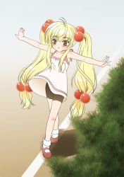 Rule 34 | 00s, 1girl, antenna hair, armpits, balancing, bare shoulders, bike shorts, blonde hair, child, collarbone, dress, female focus, hair bobbles, hair ornament, kodomo no jikan, kokonoe rin, long hair, low-tied long hair, mary janes, outstretched arms, shoes, sleeveless, sleeveless dress, solo, sundress, twintails, upskirt, white dress, wind, wind lift