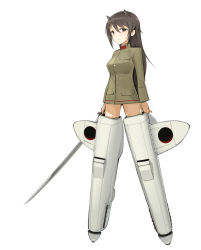 Rule 34 | 1girl, animal ears, brown eyes, brown hair, flying, hair between eyes, holding, holding sword, holding weapon, katana, kuuro kuro, long hair, long sleeves, military, military uniform, simple background, smile, solo, strike witches, strike witches zero, striker unit, suwa masuzu, sword, uniform, weapon, white background, world witches series