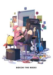 Rule 34 | 1girl, absurdres, amplifier, backpack, bag, bass guitar, black shirt, black skirt, black socks, blue eyes, bocchi the rock!, bottle, bow, bowtie, box, cable, can, cardboard box, cellphone, chair, closed mouth, commentary, copyright name, cube hair ornament, cup, desk, door, drawing (object), drink can, drinking glass, drumsticks, effects pedal, electric guitar, energy drink, gibson les paul, gotoh hitori, guitar, hair between eyes, hair ornament, highres, holding, holding instrument, instrument, jacket, kneehighs, knees up, loafers, long hair, long sleeves, looking up, nakamori kemuri, one side up, open clothes, open jacket, phone, pink hair, pink jacket, pleated skirt, poster (object), red bow, red bowtie, school desk, shirt, shoes, sitting, skirt, smartphone, socks, soda can, solo, teruterubouzu, track jacket, water bottle