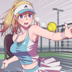 Rule 34 | 1girl, adidas, andrian januar adilia, armpit crease, ball, blonde hair, blue eyes, blurry, breasts, cleavage, collarbone, crop top, crop top overhang, emphasis lines, hair between eyes, highres, holding, holding racket, indonesian commentary, jewelry, long hair, medium breasts, navel, necklace, open mouth, original, ponytail, racket, skirt, sportswear, tennis ball, tennis racket, tennis uniform, upper body, visor cap, white skirt
