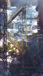 Rule 34 | architecture, blue sky, branch, building, city, cityscape, cloud, commentary request, highres, no humans, original, overgrown, railing, scaffolding, scenery, shadow, signature, sky, stairs, tree, waisshu (sougyokyuu)