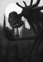 Rule 34 | 1other, ambiguous gender, amygdala (bloodborne), blood, bloodborne, city, extra eyes, from side, greyscale, hat, highres, hunter (bloodborne), looking at another, monochrome, monster, moon, outdoors, size difference, tricorne, tripdancer, watermark