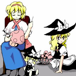 Rule 34 | 2girls, alice margatroid, apron, basket, black eyes, blonde hair, bow, capelet, chair, character doll, doll, dress, closed eyes, female focus, frown, hair bow, hairband, hat, holding, holding needle, kirisame marisa, long hair, looking back, lowres, mouth hold, multiple girls, mushroom, needle, oekaki, sewing, short hair, sitting, smile, touhou, tyokan, witch hat