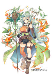 Rule 34 | 1girl, arm warmers, belt, bird, black shorts, boots, breasts, brown footwear, closed mouth, company name, enoki (flower knight girl), expressionless, flower, flower knight girl, full body, gloves, goggles, goggles around neck, green eyes, green hair, hair flower, hair ornament, hairclip, holding, holding staff, knee boots, large breasts, leaf, long hair, looking at viewer, mg kurino, name connection, object namesake, official art, orange thighhighs, ponytail, rabbit, shorts, simple background, single thighhigh, solo, staff, standing, thighhighs, white background, white gloves