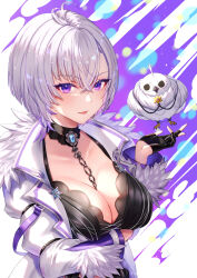 Rule 34 | 1girl, absurdres, antenna hair, arm strap, arm under breasts, bird, black choker, black dress, black gloves, blue brooch, breasts, choker, cleavage, coat, colored inner hair, dress, earrings, feather-trimmed coat, fingerless gloves, ginrei shinoa, gloves, grey hair, hair between eyes, happy hunter&#039;s haven, highres, jewelry, large breasts, mary is mine, multicolored hair, purple eyes, purple hair, upper body, virtual youtuber, white coat