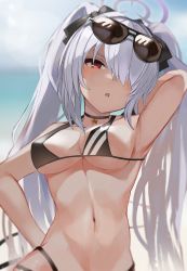 Rule 34 | 1girl, absurdres, arm up, armpits, bikini, black bikini, black choker, black ribbon, blue archive, blush, breasts, choker, cleavage, commentary, darudana, day, eyewear on head, fang, glaring, hair between eyes, hair over one eye, hair ribbon, halo, hand in own hair, hand on own hip, highres, iori (blue archive), iori (swimsuit) (blue archive), lens flare, long hair, looking at viewer, medium breasts, multi-strapped bikini bottom, navel, open mouth, outdoors, red eyes, ribbon, scowl, silver hair, skin fang, solo, stomach, string bikini, sunglasses, swimsuit, twintails, upper body, v-shaped eyebrows