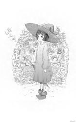 Rule 34 | 1990s (style), 1girl, arsenixc, berserk, boots, bottle, bug, butterfly, flask, flower, grass, greyscale, hat, highres, bug, letter, monochrome, pot, schierke (berserk), short hair, signature, solo, staff, standing, witch, witch hat