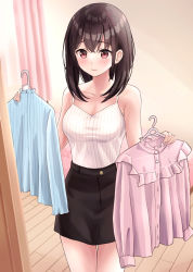 Rule 34 | 1girl, bare shoulders, black skirt, blue shirt, blush, breasts, brown hair, camisole, cleavage, closed mouth, collarbone, curtains, hands up, highres, holding, holding clothes, indoors, long hair, long sleeves, original, pink eyes, pink shirt, shirt, skirt, solo, spaghetti strap, standing, yukimaru217