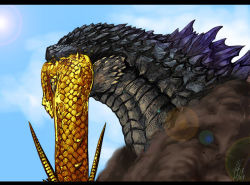 Rule 34 | bad id, bad pixiv id, biting, death, godzilla, godzilla (2014), godzilla (series), godzilla vs. king ghidorah, kaijuu, king ghidorah, kusagami style, legendary pictures, letterboxed, monster, monsterverse, mouth hold, no humans, scales, severed head, smoke, spikes, toho