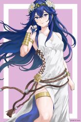 Rule 34 | 1girl, absurdres, armlet, artist name, bare shoulders, blue eyes, blue hair, bracelet, brand of the exalt, closed mouth, commentary, dress, english commentary, fire emblem, fire emblem awakening, fire emblem heroes, flower, hair between eyes, hair flower, hair ornament, hand in own hair, highres, iamerror14, jewelry, long hair, looking at viewer, lucina (fire emblem), lucina (valentine) (fire emblem), nintendo, official alternate costume, sleeveless, sleeveless dress, solo, symbol in eye, thighlet, white dress