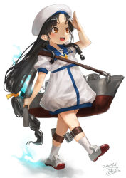 Rule 34 | 1girl, :d, black hair, blush, brown eyes, cosplay, dated, dress, full body, hat, kaiboukan no. 4 (kancolle), kaiboukan no. 4 (kancolle) (cosplay), kantai collection, long hair, low-tied long hair, machinery, nisshin (kancolle), open mouth, sailor dress, sailor hat, short sleeves, signature, smile, solo, toka (marchlizard), very long hair, white background, white dress, white hat