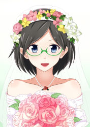 Rule 34 | 10s, 1girl, :d, alternate costume, bad id, bad pixiv id, bare shoulders, black hair, blue eyes, bouquet, bridal veil, collarbone, dress, female focus, flower, formal, glasses, green-framed eyewear, hair flower, hair ornament, hairband, happy, jewelry, kantai collection, kirishima (kancolle), lips, lipstick, looking at viewer, makeup, neck, necklace, off-shoulder dress, off shoulder, open mouth, parted bangs, pink flower, pink lips, pink rose, rose, semi-rimless eyewear, short hair, smile, solo, strapless, strapless dress, under-rim eyewear, upper body, veil, wedding dress, white dress, zuihou (hechen121)