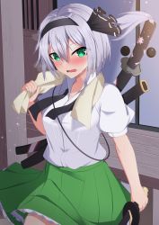 Rule 34 | 1girl, absurdres, black hairband, blush, cowboy shot, green eyes, green skirt, grey hair, hairband, highres, holding, holding sword, holding weapon, indoors, kirisame oreo, konpaku youmu, looking at viewer, multiple swords, open mouth, puffy short sleeves, puffy sleeves, sheath, shirt, short sleeves, skirt, solo, standing, sword, sword behind back, touhou, towel, towel around neck, weapon, white shirt