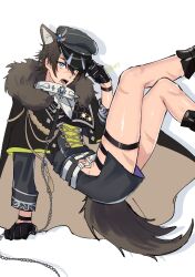 Rule 34 | 1boy, 417 (i7-4i), animal ears, black gloves, black hair, black hat, black shorts, blue eyes, cape, chain, chain leash, collar, commentary, fangs, fur-trimmed cape, fur trim, garu (nu carnival), gloves, hair between eyes, hat, highres, leash, legs up, looking at viewer, male focus, midair, multiple scars, nu carnival, open mouth, scar, scars all over, shadow, shiny skin, short hair, shorts, side slit, solo, spiked collar, spikes, tail, thigh strap, too many, uniform, white background, wolf boy, wolf ears, wolf tail