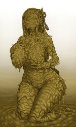 Rule 34 | 1girl, absurdres, breasts, covered in mud, dirty, hair ornament, hand on breast, highres, hinoa, kneeling, large breasts, monster hunter (series), monster hunter rise, mud, nipples, nude, open mouth, thick thighs, thighs, tobato the dog, tobatoinu, wet and messy, wide hips