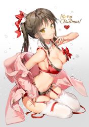 Rule 34 | 1girl, anmi, bare shoulders, bikini, bikini under clothes, bow, breasts, brown eyes, brown hair, christmas, cleavage, coat, collarbone, commentary, finger to mouth, fur collar, garter belt, garter straps, grey bikini, grin, heart, highres, large breasts, light particles, long hair, merry christmas, off shoulder, open clothes, open coat, original, pink coat, ponytail, red bikini, red bow, sidelocks, sitting, skindentation, smile, snowflakes, solo, swimsuit, thighhighs, thighs, tsurime, white thighhighs, yokozuwari