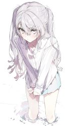 Rule 34 | 1girl, blue skirt, blush, closed mouth, collared shirt, dress shirt, grey hair, hair between eyes, hair ornament, hairpin, highres, long hair, long sleeves, looking at viewer, original, pleated skirt, shirt, simple background, skirt, sleeves past wrists, solo, twintails, very long hair, wading, wata (attaka towel), white shirt
