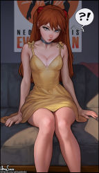 Rule 34 | !?, 1girl, absurdres, aroma sensei, bare legs, between legs, blue eyes, breasts, breasts out, brown hair, choker, dress, expressionless, female focus, hand between legs, highres, knees together feet apart, lips, looking at viewer, neon genesis evangelion, no bra, sitting, small breasts, solo, souryuu asuka langley, speech bubble, sundress, thick lips, twintails, wide hips, yellow dress