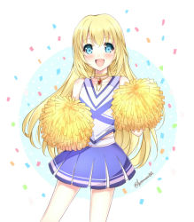 Rule 34 | 00s, 1girl, :d, akamomo, bad id, bad pixiv id, blonde hair, blue eyes, blue skirt, blush, cheerleader, choker, colette brunel, confetti, happy, long hair, official alternate costume, open mouth, pom pom (cheerleading), signature, skirt, smile, solo, tales of (series), tales of symphonia