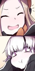 Rule 34 | !, !!, 2girls, 2koma, :d, :t, abigail williams (fate), bad id, bad pixiv id, black bow, black dress, black hat, blonde hair, blush, bow, cheek squash, closed eyes, closed mouth, comic, dress, fate/grand order, fate (series), forehead, hair bow, hat, head tilt, highres, horns, long hair, long sleeves, looking at viewer, multiple girls, nose blush, open mouth, orange bow, pale skin, parted bangs, pink eyes, polka dot, polka dot bow, silent comic, single horn, sleeves past wrists, smile, v-shaped eyebrows, wada kazu, white hair