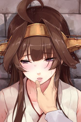 Rule 34 | 10s, 1girl, ahoge, bare shoulders, breasts, brick wall, brown hair, cleavage, detached sleeves, double bun, finger to mouth, from above, hair between eyes, hairband, highres, japanese clothes, kantai collection, kongou (kancolle), lips, long hair, looking to the side, md5 mismatch, medium breasts, out of frame, parted lips, portrait, pov, pov hands, purple eyes, sleeveless, solo focus, umakuchi shouyu (into-rain)