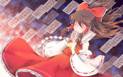 Rule 34 | 1girl, ascot, bad id, bad pixiv id, between fingers, blouse, bow, brown hair, closed eyes, covering own mouth, detached sleeves, female focus, gohei, hair bow, hakurei reimu, holding, japanese clothes, miko, ofuda, red shirt, shirt, sleeveless, sleeveless shirt, solo, touhou, yellow ascot, zoo (artist), zoo (yhj88)