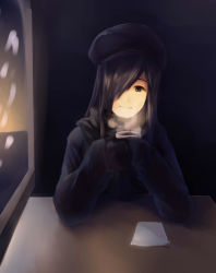 Rule 34 | 10s, 1girl, absurdres, aerlai, brown eyes, cabbie hat, casual, cup, hair over one eye, hat, highres, ikezawa hanako, katawa shoujo, long hair, long sleeves, looking at viewer, mittens, mug, pov across table, purple hair, scar, scarf, smile, solo, winter clothes