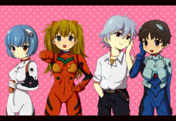 Rule 34 | 2boys, 2girls, ayanami rei, bad id, bad pixiv id, belt, blue bodysuit, blue eyes, blue hair, blush, bodysuit, breasts, breasts apart, brown hair, can, clenched hand, collared shirt, copyright name, cowboy shot, earphones, facing viewer, grey hair, hand in pocket, hand on own hip, headphones, highres, ikari shinji, impossible bodysuit, impossible clothes, interface headset, kashii ibu, long hair, looking at viewer, multiple boys, multiple girls, nagisa kaworu, nagsia, neon genesis evangelion, outstretched arm, pink background, plugsuit, pound it, red bodysuit, red eyes, red hair, school uniform, shared earphones, shirt, short hair, short sleeves, skin tight, skinny, small breasts, smile, souryuu asuka langley, standing, two-tone background, white bodysuit