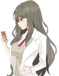 Rule 34 | 10s, 1girl, breasts, brown eyes, brown hair, brown sweater, collared shirt, futaba rio, glasses, hair between eyes, holding, lab coat, large breasts, long hair, long sleeves, looking away, necktie, parted lips, profile, red necktie, seishun buta yarou, shirousa, shirt, solo, sweater, very long hair, white shirt