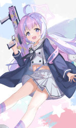 Rule 34 | + +, 1girl, ahoge, backpack, bag, blue archive, blue coat, blue hair, blush, buttons, clothes lift, coat, commentary, grey serafuku, grey shirt, grey skirt, gun, halo, highres, holding, holding weapon, charm (object), light blue hair, looking at viewer, midriff peek, multicolored background, multicolored hair, navel, open mouth, pink bag, pink hair, pleated skirt, purple eyes, purple hair, reisa (blue archive), school uniform, serafuku, serika, shirt, shirt lift, sidelocks, simple background, skirt, smile, solo, standard manufacturing dp-12, star (symbol), weapon, wind, wind lift
