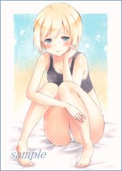 Rule 34 | 1girl, bad id, bad pixiv id, bed sheet, blonde hair, blue eyes, blush, colored pencil (medium), erica hartmann, hand on own cheek, hand on own face, hand up, knees together feet apart, light smile, looking at viewer, loungewear, marker (medium), panties, parted lips, potto, sample watermark, short hair, sitting, solo, sports bra, strike witches, thighs, traditional media, underwear, watermark, white panties, world witches series