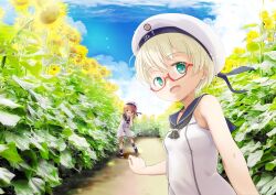 Rule 34 | 2girls, black neckerchief, blonde hair, blue sailor collar, blue sky, cloud, day, dress, flower, fyuo, green eyes, hat, highres, kantai collection, multiple girls, neckerchief, official alternate costume, outdoors, sailor collar, sailor hat, short hair, sky, sleeveless, sleeveless dress, smile, solo focus, sunflower, white background, white dress, z1 leberecht maass (kancolle), z3 max schultz (kancolle)