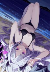 Rule 34 | 1girl, absurdres, beach, bikini, black bikini, black horns, blue archive, blush, breasts, closed mouth, commentary request, demon girl, demon horns, grey hair, halo, highres, hina (blue archive), horns, knees up, long hair, looking at viewer, lying, multiple horns, navel, night, o-ring, o-ring bikini, o-ring bottom, o-ring top, ocean, on back, outdoors, purple eyes, rosu 1109, shore, small breasts, solo, swimsuit, thigh gap, upside-down, very long hair, water, wavy mouth