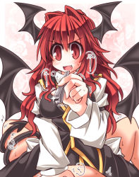 Rule 34 | &gt;:d, 1girl, :d, blush, cowgirl position, demon girl, demon tail, demon wings, fang, girl on top, gradient background, head wings, koakuma, long hair, low wings, mumumu, open mouth, pincers, pov, pov crotch, red eyes, red hair, slit pupils, smile, solo focus, straddling, tail, tail wrap, touhou, trembling, v-shaped eyebrows, very long hair, wings