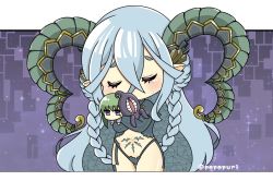 Rule 34 | 1girl, blouse, blue hair, blush, braid, character doll, closed eyes, commentary request, cowboy shot, crying, curled horns, enkidu (fate), eyebrows hidden by hair, fate/grand order, fate (series), gluteal fold, grey panties, grey shirt, hair between eyes, highleg, highleg panties, horns, hugging object, kingu (fate), lahmu (fate), long hair, long horns, long sleeves, navel, panties, popo (popopuri), pubic tattoo, shirt, solo, stomach tattoo, striped clothes, striped panties, striped shirt, tattoo, tears, thigh gap, tiamat (fate), twin braids, twitter username, underwear, vertical-striped clothes, vertical-striped panties, vertical-striped shirt, very long hair