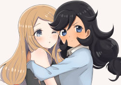 Rule 34 | 2girls, ;o, black hair, blue eyes, blue sweater, blush, brown hair, closed mouth, collared shirt, commentary request, creatures (company), emma (pokemon), eyelashes, from side, game freak, grey eyes, highres, hug, long hair, long sleeves, multiple girls, nasakixoc, nintendo, one eye closed, pokemon, pokemon xy, serena (pokemon), shirt, sleeveless, sleeveless shirt, sweater, upper body, white shirt
