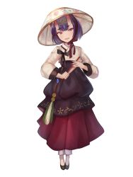 Rule 34 | 1girl, commentary, english commentary, fangs, fate/grand order, fate (series), fingernails, floral print, folding fan, full body, hanbok, hand fan, hat, highres, horns, korean clothes, long fingernails, long sleeves, nail polish, parted lips, pink eyes, purple hair, red nails, sharp fingernails, short hair, shuten douji (fate), simple background, skin-covered horns, slit pupils, smile, solo, sookmo, white background