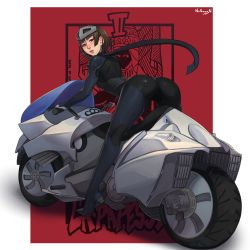 Rule 34 | 1girl, absurdres, ass, bent over, biker clothes, bikesuit, bodysuit, brown eyes, brown hair, gloves, highres, joanna (persona 5), looking at viewer, mask, mask on head, motor vehicle, motorcycle, nidhoggn, niijima makoto, parted lips, persona, persona 5, riding, scarf, short hair, shoulder spikes, solo, spikes, tarot, tarot (medium)