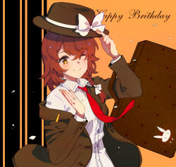 Rule 34 | 1girl, ;), black background, black hat, black jacket, bow, braid, brown hair, closed mouth, english text, fedora, happy birthday, hat, hat bow, holding, holding clothes, holding hat, jacket, luggage, necktie, one eye closed, orange background, red necktie, s.advent, shirt, short hair, side braid, single braid, smile, solo, striped, striped background, touhou, two-tone background, usami renko, white bow, white shirt