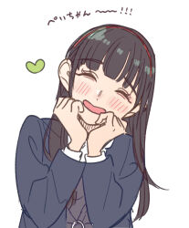 Rule 34 | 1girl, black hair, blue jacket, blush, closed eyes, commentary request, hairband, heanna sumire, heart, highres, jacket, kashikaze, long hair, long sleeves, love live!, love live! superstar!!, open clothes, open jacket, open mouth, payton naomi, real life, red hairband, school uniform, simple background, smile, solo, translated, upper body, voice actor, voice actor connection, white background, yuigaoka school uniform