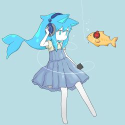 Rule 34 | 1girl, animal, animal ears, blue background, blue dress, blue eyes, blue hair, bubble, cable, cat ears, closed mouth, colored skin, diode (0 division), dress, fins, fish, full body, hand on headphones, hand on headwear, headphones, highres, long hair, looking at animal, original, short sleeves, sidelocks, simple background, solo, white skin