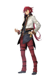 Rule 34 | 1boy, aaron wei, beads, black footwear, black shirt, closed mouth, dragon print, eiyuu densetsu, enami katsumi, falcom, flower knot, full body, hair between eyes, hand on own hip, jacket, kuro no kiseki, long hair, long sleeves, looking at viewer, midriff peek, official art, open clothes, open jacket, pants, ponytail, red hair, red pants, shirt, shoes, simple background, smirk, solo, standing, tassel, thigh strap, third-party source, white background, white jacket, yellow eyes