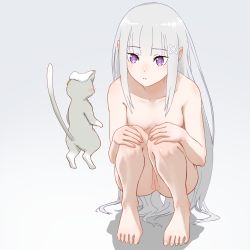 Rule 34 | 1girl, artist request, barefoot, blunt bangs, blush, breasts, cat, cleft of venus, emilia (re:zero), feet, floating, full body, gradient background, grey background, hair ornament, hairclip, hands on own knees, highres, long hair, looking at another, nude, parted lips, pointy ears, puck (re:zero), purple eyes, pussy, re:zero kara hajimeru isekai seikatsu, sidelocks, silver hair, squatting, toes, uncensored, white background, x hair ornament