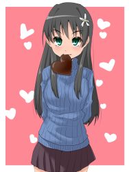 Rule 34 | 1girl, black hair, brown hair, candy, chocolate, chocolate heart, flower, food, green eyes, hair flower, hair ornament, heart, long hair, mouth hold, nurie, ribbed sweater, saten ruiko, skirt, smile, solo, sweater, toaru kagaku no railgun, toaru majutsu no index