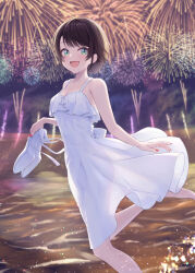 Rule 34 | 1girl, :d, alternate costume, aqua eyes, armpit crease, bare shoulders, barefoot, beach, blurry, blurry background, blush, breasts, brown hair, cloud, cloudy sky, collarbone, commentary request, depth of field, dress, eyelashes, fireworks, foot out of frame, frilled dress, frills, hand up, high heels, highres, holding, hololive, legs, looking at viewer, medium breasts, night, night sky, okachi yuu, oozora subaru, open mouth, outdoors, red nails, see-through, see-through dress, shoes, unworn shoes, short hair, sky, smile, solo, splashing, standing, standing on one leg, swept bangs, toes, virtual youtuber, water, white dress, white footwear